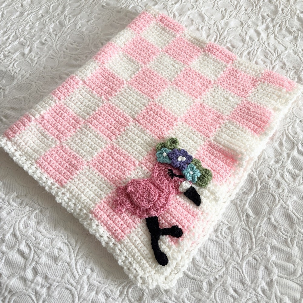 Handmade Crochet Baby Blanket Pink Gingham Flamingo Bird Appliqué Nursery 40x33